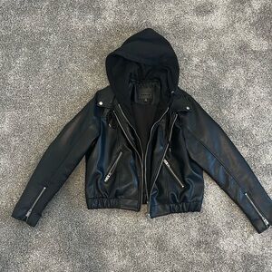 BLANK NYC Vegan leather with removable hood Bomber Jacket